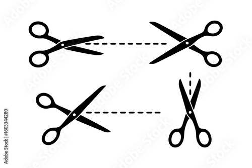 Scissors cut line vector icon set. Black scissor silhouette with dotted cutting line. Coupon border and paper craft guide. Cut here symbol. Isolated illustration graphic.
