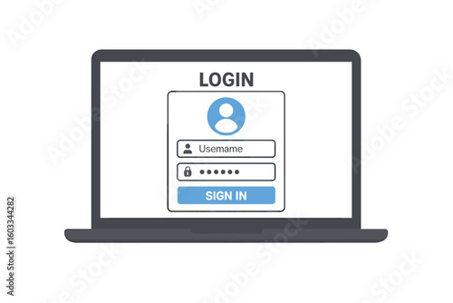 Login form page on laptop screen. User account authentication with username and password. Sign in to website or application. Concept of cyber security and data protection. Vector