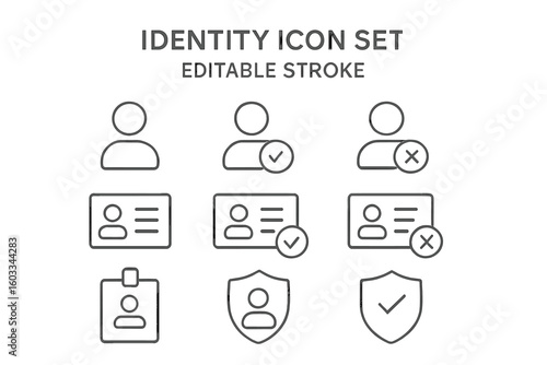 Identity verification icon set. User authentication and security line icons. Login, profile access, personal data protection symbols. ID card, approved, rejected vector signs.