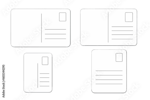 Postcard Back Templates Set, Multiple Sizes, Blank Reverse Side, Vintage Modern Design, Stationery Mockup, Postage Stamp Area, Address Lines, Vector Artwork on Transparent Background