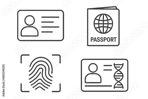 Identity and authentication line icon set. Personal identification and security verification symbols. Biometric access control, passport, ID card, DNA, fingerprint scan vector.