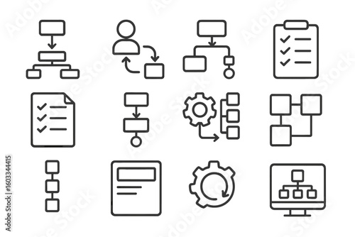 Workflow line icon set with process, activity, organization, productivity, sequence, scheme, gear, block, and template symbols in linear outline style vector design for business and project management