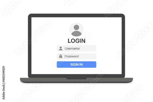 Laptop with login and password form page on screen. User authorization and authentication concept. Sign in to account on website. Online security interface. Flat vector.