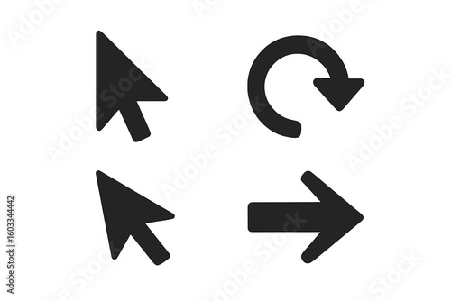 Arrow icon vector set for web design and user interface. UI UX graphic elements for website navigation. Includes mouse cursor, pointer, click, next, forward, reload, and refresh symbols.