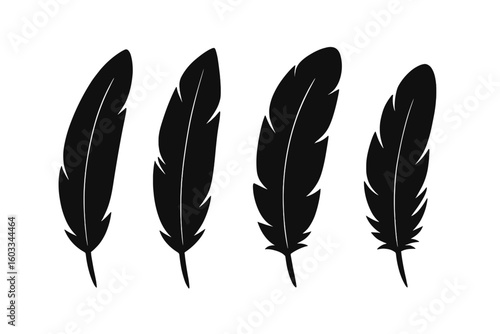 Set of black feather silhouettes. Bird quill pen vector icons collection. Flat design plume logo elements isolated on white background. Lightness and softness concept.