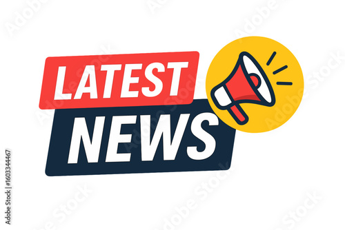 Latest news banner with megaphone icon. Breaking news announcement label with loudspeaker symbol. Promotion advertising sticker for flyer or web. Important update vector.
