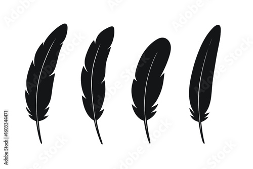 Black feather vector icon set. Bird quill pen silhouettes collection. Flat style graphic design elements. Plume illustration for writing, literature, or history concepts.