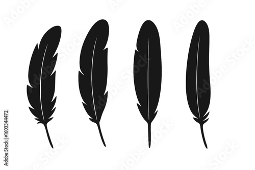 Set of 4 black feather silhouettes in a flat vector style. Bird quill pen icons. Plumelet collection isolated on a white background. Logo and tattoo design elements.