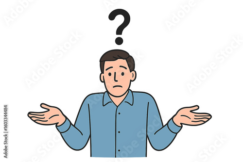 Man shrugging shoulders, I don't know gesture. Confused person with question mark. Helpless facial expression. Man doubts, needs solution. Oops, sorry. Clueless character.