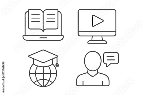 E-learning outline icon set. Online education, distance learning, webinar, video course, digital library, global degree concepts. Vector illustration for website, app, presentation.