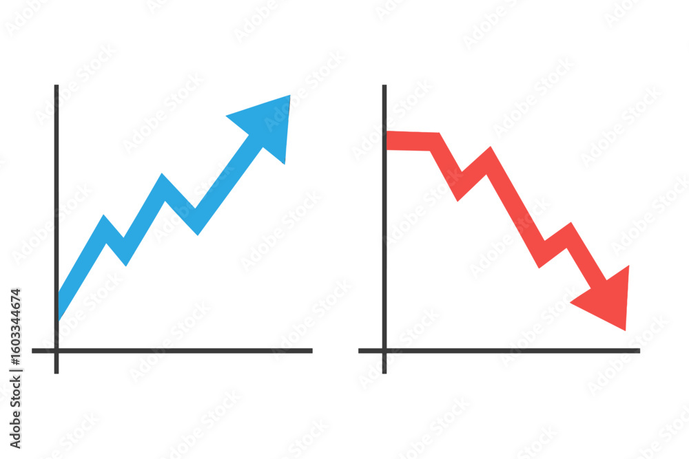 Financial profit and loss graph charts. Blue arrow up for growth and success, red arrow down for crisis and decrease. Business trading and stock market concept vector. Financial profit and loss graph charts. Blue arrow up for growth and success, red arrow down for crisis and decrease. Business trading and stock market concept vector.