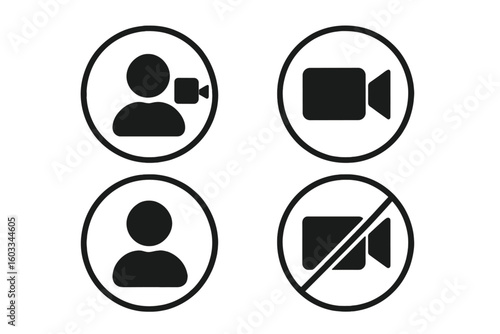Video call icon set. Video conference buttons for app UI. Online chat, internet talk concept. User avatar with camera on and off. Communication technology vector symbol.