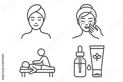 Spa and beauty treatment line icon set. Skincare, facial massage, and natural cosmetic product symbols. Wellness, relaxation, and therapy vector illustrations for web.
