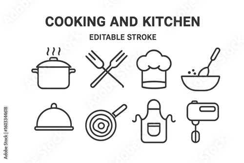 Cooking and kitchen line icon set. Editable stroke vector icons for culinary websites and apps. Chef hat, pot, pan, mixer, apron symbols for restaurant menu, recipe book.