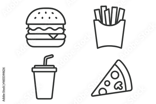Fast food line icon set. Hamburger, french fries, soda drink and pizza slice vector icons. Outline symbol collection for restaurant menu, takeaway, website and mobile app.
