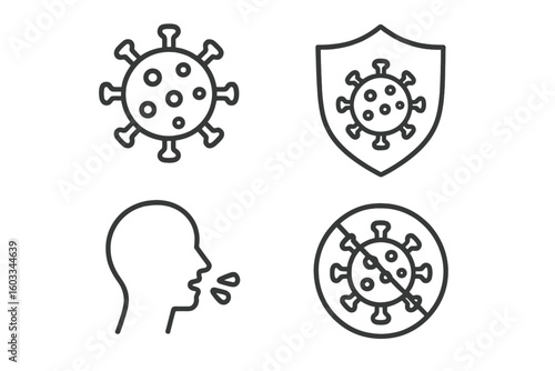 Coronavirus disease COVID-19 icons. Virus, cough, protection shield, stop virus sign. Vector line art icons set for pandemic, health, medical and prevention concepts.