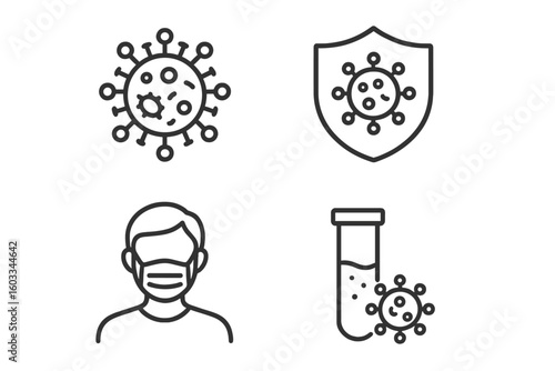 Coronavirus COVID-19 prevention vector icon set. Virus, shield protection, face mask, and laboratory test tube. Pandemic outbreak thin line art symbols for health and safety.