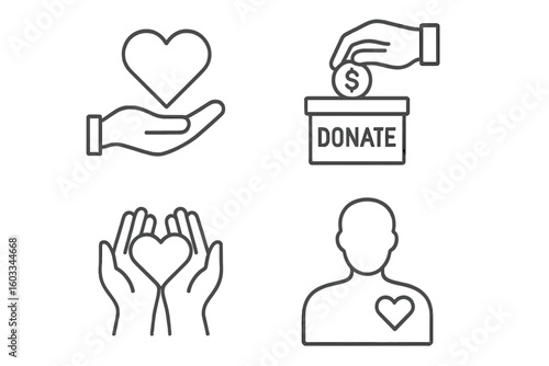 Charity and donation line icon set. Collection of philanthropy and volunteer support symbols. Heart in hand, giving money, care and love concept vector illustration outline.
