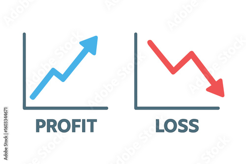 Financial profit and loss graph charts with blue upward arrow and red downward arrow, trading concept showing profit increase, loss decrease, financial crisis, and market fluctuations for traders
