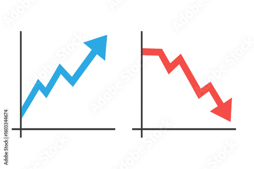 Financial profit and loss graph charts. Blue arrow up for growth and success, red arrow down for crisis and decrease. Business trading and stock market concept vector.