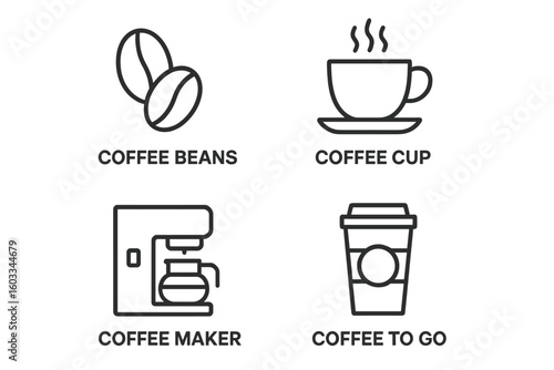 Coffee icon set. Linear icons for coffee beans, cup, maker, to go. Simple outline pictograms for cafe menu, web, and app. Vector graphic symbol collection. Editable stroke.