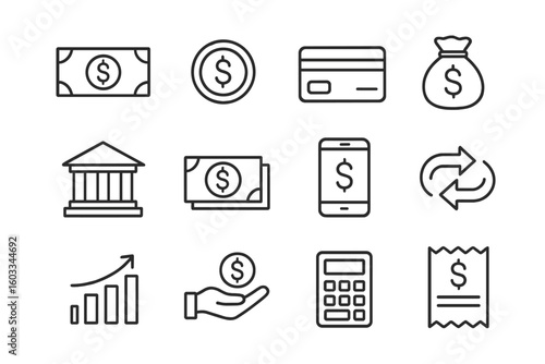 Finance and money thin line icon set with editable stroke. Business and payment outline pictograms. Includes bank, credit card, mobile banking, investment, and profit symbols.
