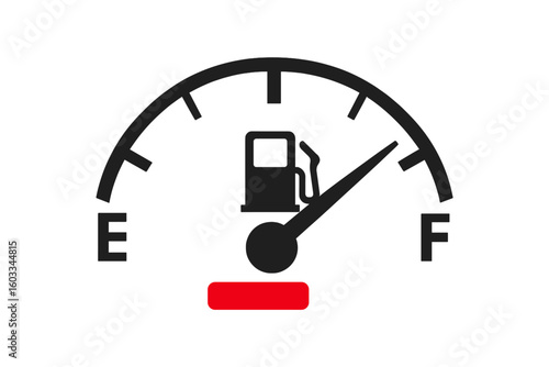 Fuel gauge meter icon with a full tank indicator. Car dashboard element showing petrol level. Automotive gas symbol. Vector illustration on transparent background.
