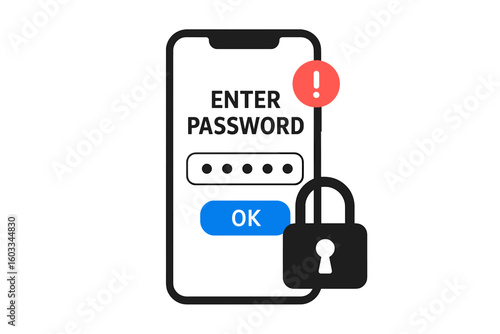 Phone password entry with lock icon. Concept for user verification, security, authorization, and two-step authentication. Smartphone login screen with notification alert.