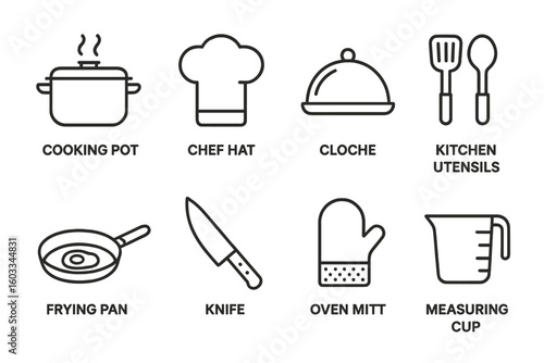 Set of Cooking and Kitchen Icons, Flat Linear Vector Graphics for Websites, Apps, and Digital Design, Editable Stroke, Kitchen Tools Symbols Collection