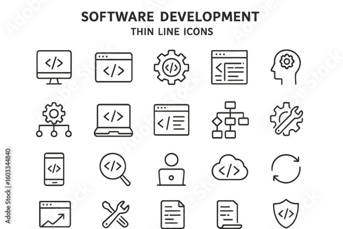 Software Development thin line icon set. Coding, programming, web and app development symbols. Vector collection with editable stroke for UI, UX, and website design.