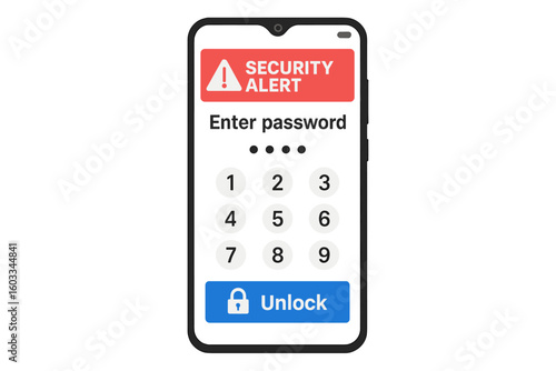 Smartphone security alert. Phone with password protection screen. Concept for personal data protection, authentication, authorization, and cybersecurity technology. Mobile unlock.