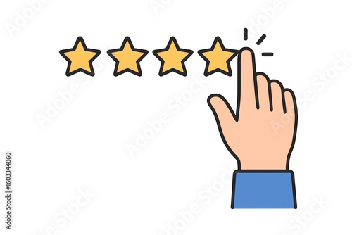 Hand giving five star rating. Customer review and positive feedback concept. Best quality service and satisfaction evaluation symbol. Vector illustration flat design interface icon.