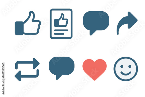 Social media thumbs up like icon, post approval flat icon, comment speech bubble, share arrow, repost arrows, heart love emoji, smiling face reaction, social interaction rating set