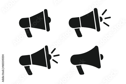 Megaphone loudspeaker icon set. Bullhorn symbol for announcement, marketing, and alert. Communication and promotion concept. Loud hailer for news and broadcast vector illustration.