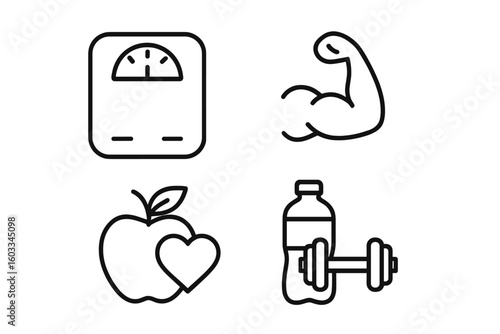 Modern Line Icons Set for Fitness, Healthy Lifestyle, Gym, Nutrition, Weight Loss, Wellness, Bodybuilding, Training, Diet, Exercise, Physical Activity, Health Care, Workout, Sport