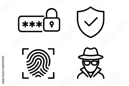 Security line icon set. Cyber security, internet data protection, privacy concepts. Password lock, shield guard, fingerprint biometric scan, spy incognito agent icons.