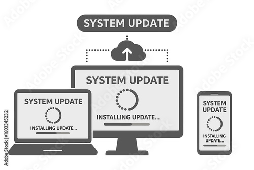 System update and software installation process for computer, laptop, and smartphone with new version upgrade, operating system support, digital upgrade concept, technology update workflow
