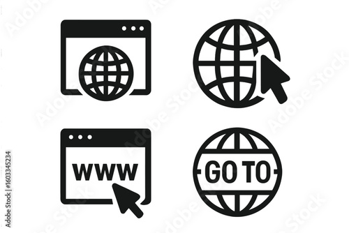 Internet icon set. Go to web symbol collection. Website www url address line icons. Browser, globe, click, cursor. Global network technology vector illustration.