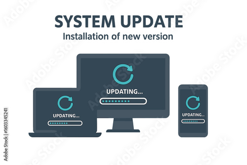 System Update Installation Process for Computer, Laptop, and Smartphone. New Software Version Upgrade. Operating System Support. Updating Progress Across Multiple Digital Devices.