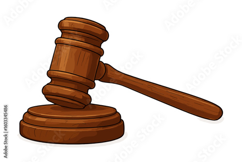Judge's gavel and stand. Law and justice concept. Wooden hammer for adjudication, sentences, and bills. Court, auction, verdict symbol. Legal authority vector illustration.