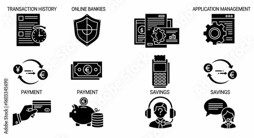 Online Banking Glyph Icon Set – Money Transfer, Transaction History, Payment, Shield, Savings, Support Vector

