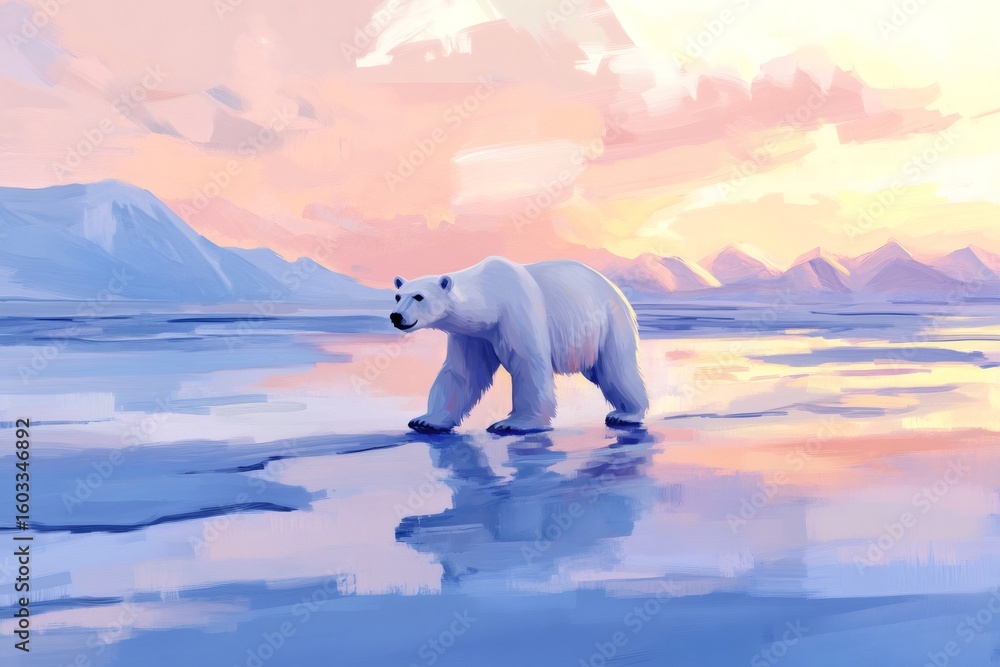Painting of a polar bear walking on a vast, melting ice field at sunset, with majestic mountains in the background, highlighting the beauty and fragility of the Arctic ecosystem Painting of a polar bear walking on a vast, melting ice field at sunset, with majestic mountains in the background, highlighting the beauty and fragility of the Arctic ecosystem