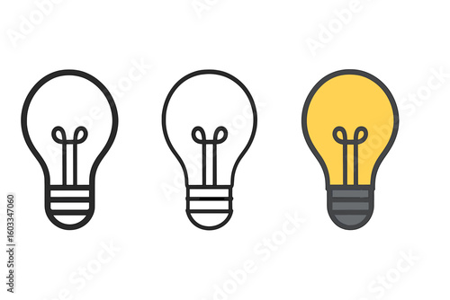 Light bulb icon set in different styles. Vector graphic of line art, outline and flat design symbols. Concept for idea, creativity, innovation, solution, energy and technology.
