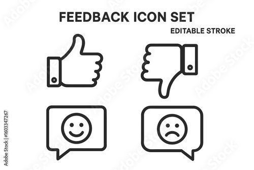 Feedback icon set with editable stroke. Like and dislike, thumbs up and down, happy and sad smileys. Customer review and satisfaction rating vector line icons for UI/UX.