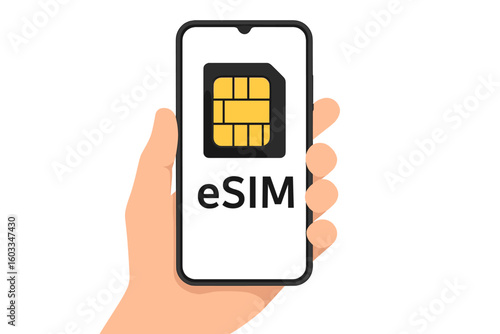 eSIM card chip sign on smartphone screen. Embedded SIM technology concept. New mobile communication vector illustration. Hand holding modern mobile device with electronic sim card.