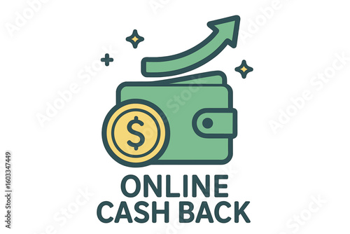 Online cash back reward program concept. Money saving financial incentive for e-commerce. Shopping loyalty bonus with wallet, dollar coin and growth arrow up vector icon.