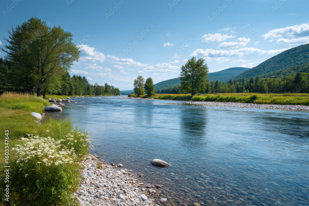 Naklejka premium breathtaking summer landscape featuring pristine river crossing in vermont