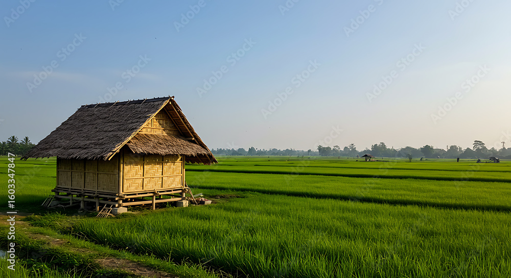 Serene Sunrise over Lush Rice Terraces with Traditional Hut Serene Sunrise over Lush Rice Terraces with Traditional Hut