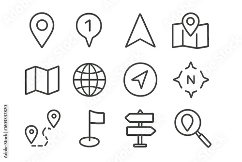 Navigation and location icon set with editable stroke. Map pin, GPS direction, route, destination marker. Travel, journey, compass, globe and search vector symbols.