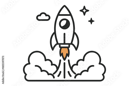 Rocket launch vector line icon. Startup business concept. Symbol of new project start, innovation, success and growth. Spaceship flying to space mission. Simple outline.
